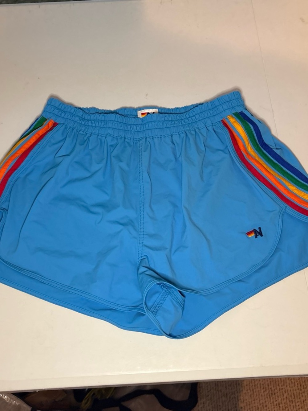 A313 - Aviator Nation 5 Stripe Flex Board Shorts Neon Blue Rainbow XL
